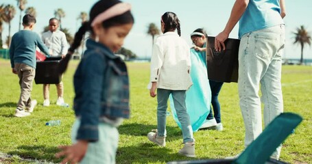 Environment, girl and cleaning sport field for community service, sustainability and ecology outdoor. Recycle, child and volunteer for clean energy, garbage and trash, dirt or waste helping hands - Powered by Adobe