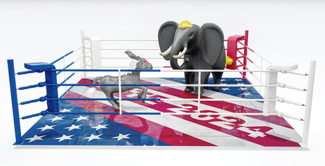 Illustration for US presidential election 2024. Election day. Vote 2024. Republican elephant and democratic donkey in the boxing ring.