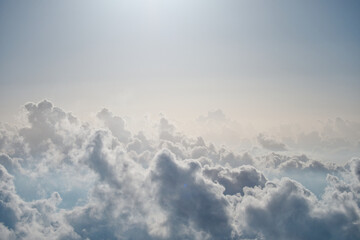High angle view of white fluffy clouds at sunset time, viewed from summit of Emei mountains, the sea of clouds.