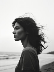 A moody black and white portrait of a free-spirited woman by the ocean. - 651488102
