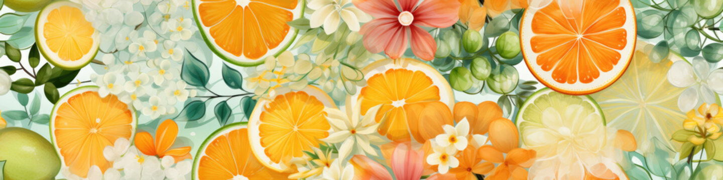 watercolor banner. Round slices of orange and lemon