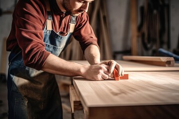 Carpenter works with wood in the workshop. Small business, production, craft concept, Generative AI 