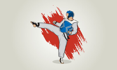 Athlete makes a kick at the martial arts of taekwondo. Vector illustration.