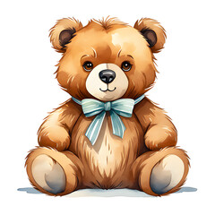 Watercolor Illustration of Cute Teddy Bear with a Blue Bow Sitting down on a White Background. Can be used for Baby Shower or Kid Poster