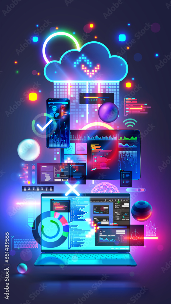 Fototapete Digital computer technology concept. Software development. Internet cloud technology. Laptop, tablet, phone, elements interface in cyberspace. Design UX UI interface. Software dev vertical banner.