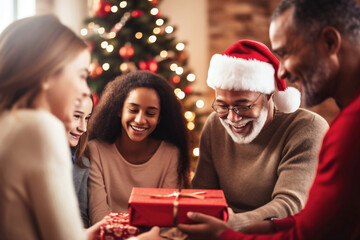 Fototapeta na wymiar Photo of people gathered around a Christmas gift in anticipation