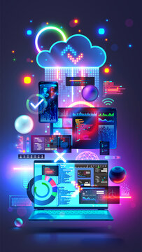 Digital computer technology concept. Software development. Internet cloud technology. Laptop, tablet, phone, elements interface in cyberspace. Design UX UI interface. Software dev vertical banner.