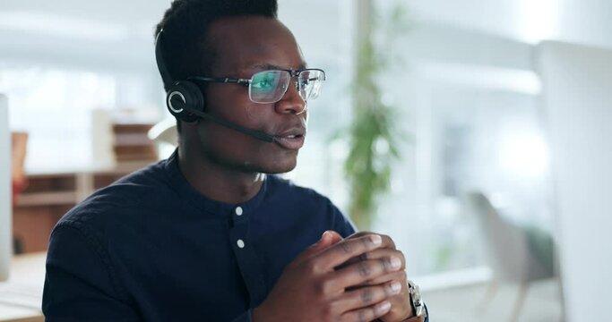 Black man, computer and online consulting in call center for customer service, sales advisory or CRM questions. Telemarketing agent, salesman and virtual contact for telecom offer, FAQ or IT solution