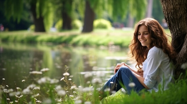Smiling young woman enjoying nature. Casual day in park. City park serenity. Urban leisure with happy young woman in outdoor nature. Beauty woman enjoying her time outside in park.