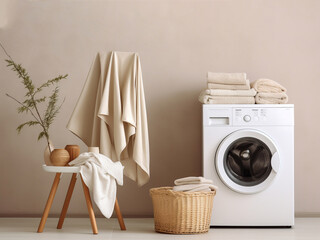Fototapeta na wymiar Modern washing machine, basket with fresh towels and domestic room interior