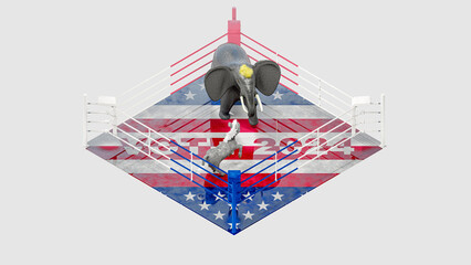 Illustration for US presidential election 2024. Election day. Vote 2024. Republican elephant and democratic donkey in the boxing ring.