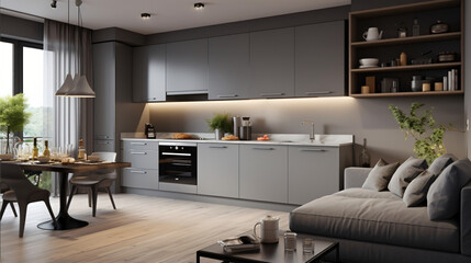 Apartment with kitchen and bedroom in gray colors Scean