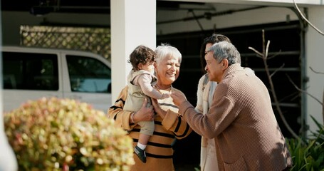 Family, welcome and hug outdoor of home in backyard with mother, grandparents and child with love and care. Reunion, woman and kid visit parents, travel and surprise for holiday with embrace or joy