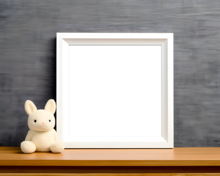 Square nursery art frame mockup, empty wooden frame on shelf in kids room interior.