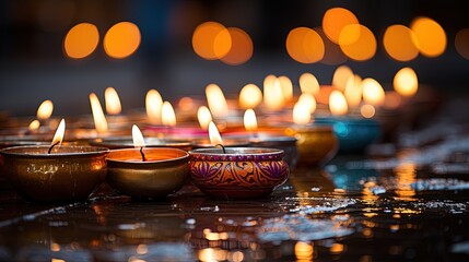 Diwali lights placed nearby Diya's in low light, bokeh background, copy space - obrazy, fototapety, plakaty