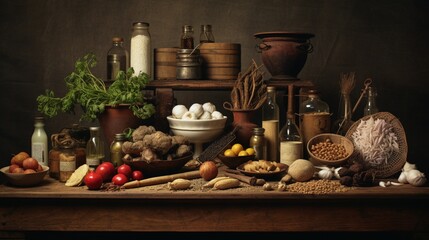 A flavorful scene takes shape within a frame, featuring an arrangement of spices and an assemblage of essential kitchen implements