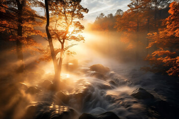 landscape the forest with sun behind the mist all around, colorful autumnal on morning light.