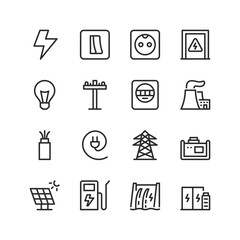 Fototapeta premium Electricity, linear style icons set. Electricity infrastructure and industry. Electricity lines supply systems. Editable stroke width