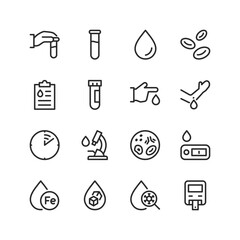 Laboratory Blood Test, linear style icons set. Blood component test, analysis and research, blood cell detection, indices. Virus and antibody testing. Editable stroke width