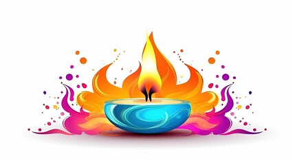 vector illustration colorful Burning Diya, white background, copy space