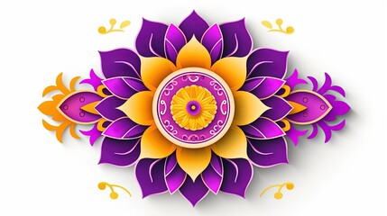 vector illustration Diwali festival holiday design with paper cut style of Indian Rangoli. Purple, violet, yellow color on white background, copy space