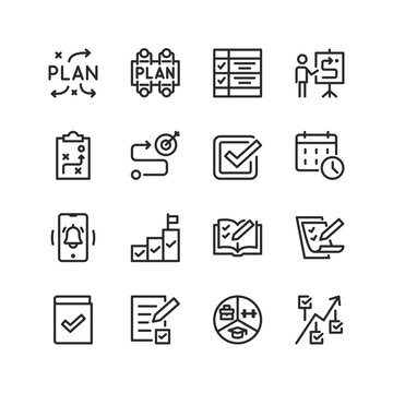 Successful Planning, Linear Style Icons Set. Make A Plan For Important Tasks. Achieve A Goal With An Organised Plan And Strategy. Planning Day, Allocate Time To Productivity. Editable Stroke Width