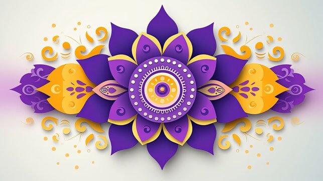 vector illustration Diwali festival holiday design with paper cut style of Indian Rangoli. Purple, violet, yellow color on white background, copy space
