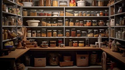 a pantry closet view Inside a cozy cottage-style home, where every food item finds its place in an organized arrangement