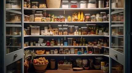 a pantry closet view Inside a cozy cottage-style home, where every food item finds its place in an organized arrangement
