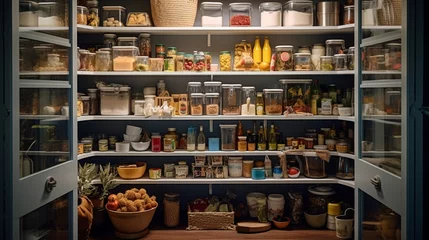 Fotobehang a pantry closet view Inside a cozy cottage-style home, where every food item finds its place in an organized arrangement © Pretty Panda