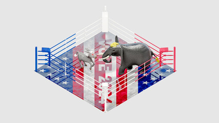 Illustration for US presidential election 2024. Election day. Vote 2024. Republican elephant and democratic donkey in the boxing ring.