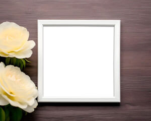 Square art frame mockup, empty wooden frame on shelf  with roses in interior.