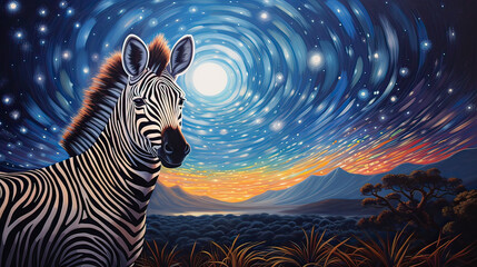Luminous zebra with stripes shimmering with starlight against an African night.  AI generative