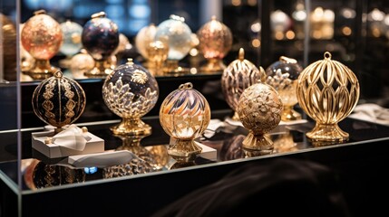 A Selection of Elegant Ornaments Available for Purchase on the Glass Shelving of a Trendy Bijouterie Store