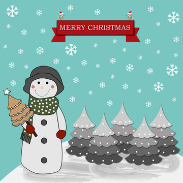 Felicitación de navidad con muñeco de nieve en paisaje nevado.
