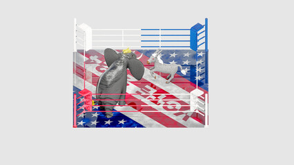 Illustration for US presidential election 2024. Election day. Vote 2024. Republican elephant and democratic donkey in the boxing ring.