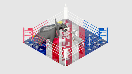 Illustration for US presidential election 2024. Election day. Vote 2024. Republican elephant and democratic donkey in the boxing ring.