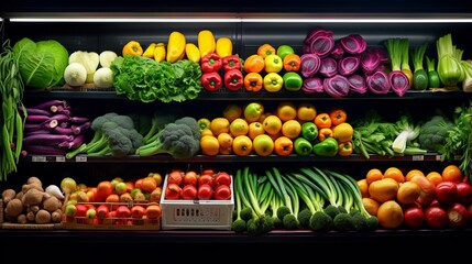 A shelf in the supermarket is full with a colorful assortment of fresh fruits and vegetables with...