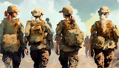 Mujeres soldado caminando con equipo en la espalda. - obrazy, fototapety, plakaty