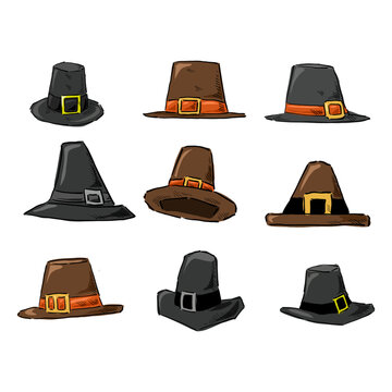 set of pilgrim hat drawing vector
