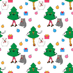 Cat and Christmas tree, eco cactus new year.