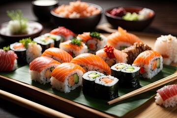 Delicious and Juicy Assorted Sushi Platter in Japanese Style Kitchen, AI Generated
