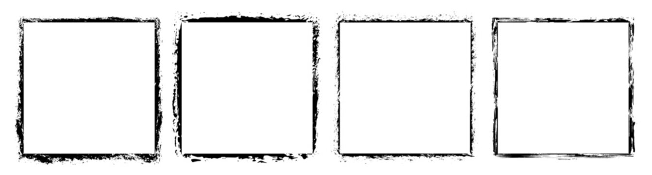 Square frames. Frames in grunge style. Collection of empty borders. Rough background. Isolated vector illustration on white background.