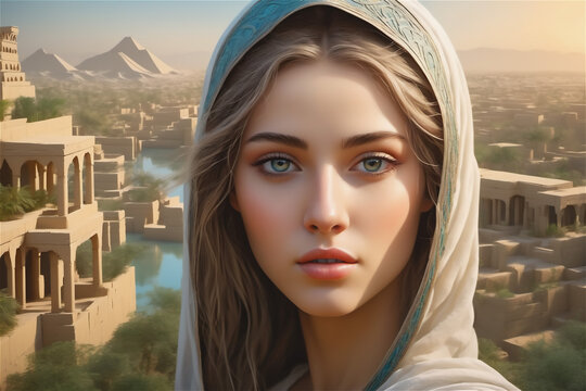 princess of babylon The beautiful Babylonian queen in the hanging gardens of Babylon. Tower of Babel and the beautiful queen.