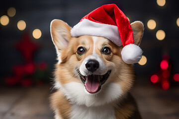 Portrait of corgi dog wearing Christmas hat. 