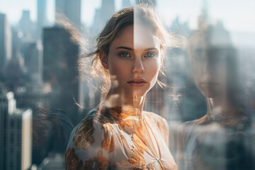 Creative double exposure portrait of fashion white woman on abstract modern city urban background. The concept of a successful, confident, feminine and beautiful female. - obrazy, fototapety, plakaty