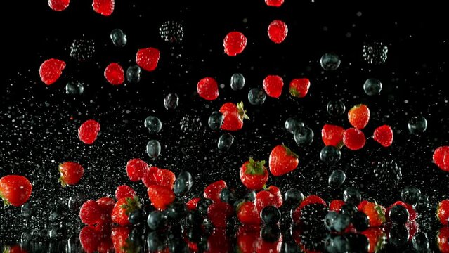 Super Slow Motion of Falling Berries into Water on Black Background. Filmed on High Speed Cinema Camera, 1000 fps.