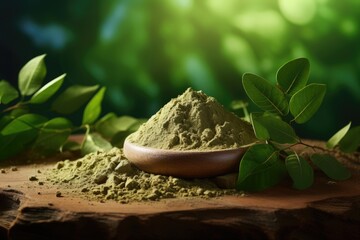 moringa powder food supplement - closeup product photo (Generative AI) - obrazy, fototapety, plakaty