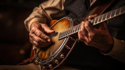 Hands strumming a mandolin