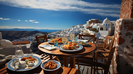 Greek gastronomy, traditional dishes feta, yogurt, tzatziki, moussaka, Greek salad and fish